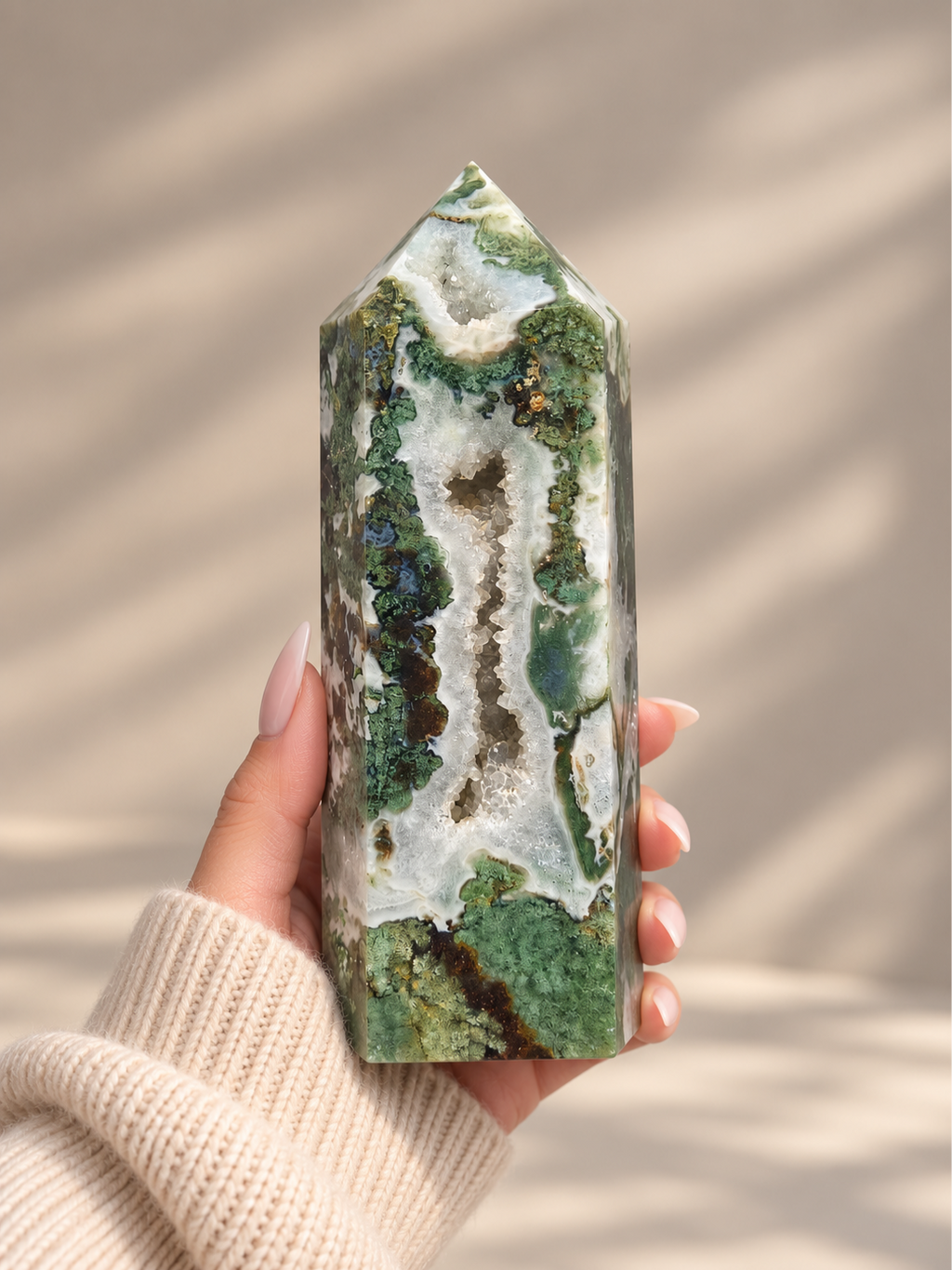 Moss Agate Tower with Geode Quartz Inclusion - 1.465kg