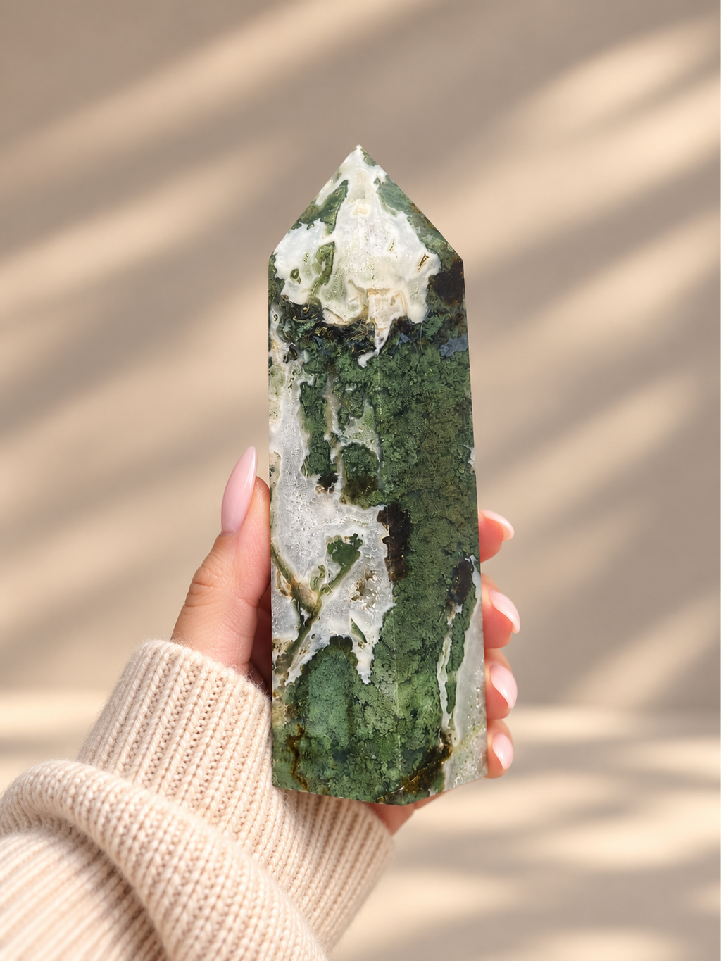 Moss Agate Tower with Geode Quartz Inclusion - 1.465kg