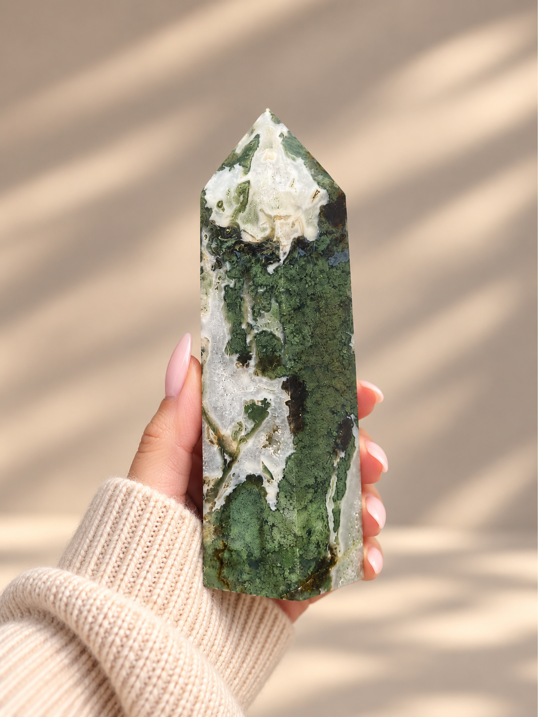 Moss Agate Tower with Geode Quartz Inclusion - 1.465kg