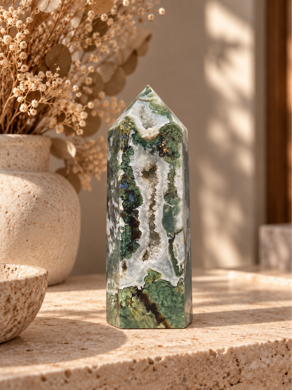 Moss Agate Tower with Geode Quartz Inclusion - 1.465kg