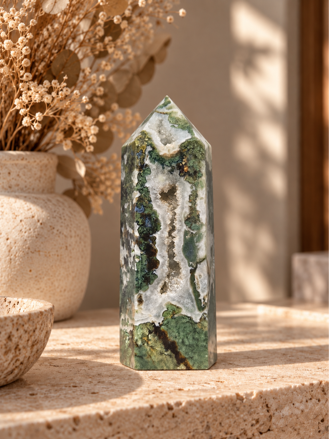 Moss Agate Tower with Geode Quartz Inclusion - 1.465kg