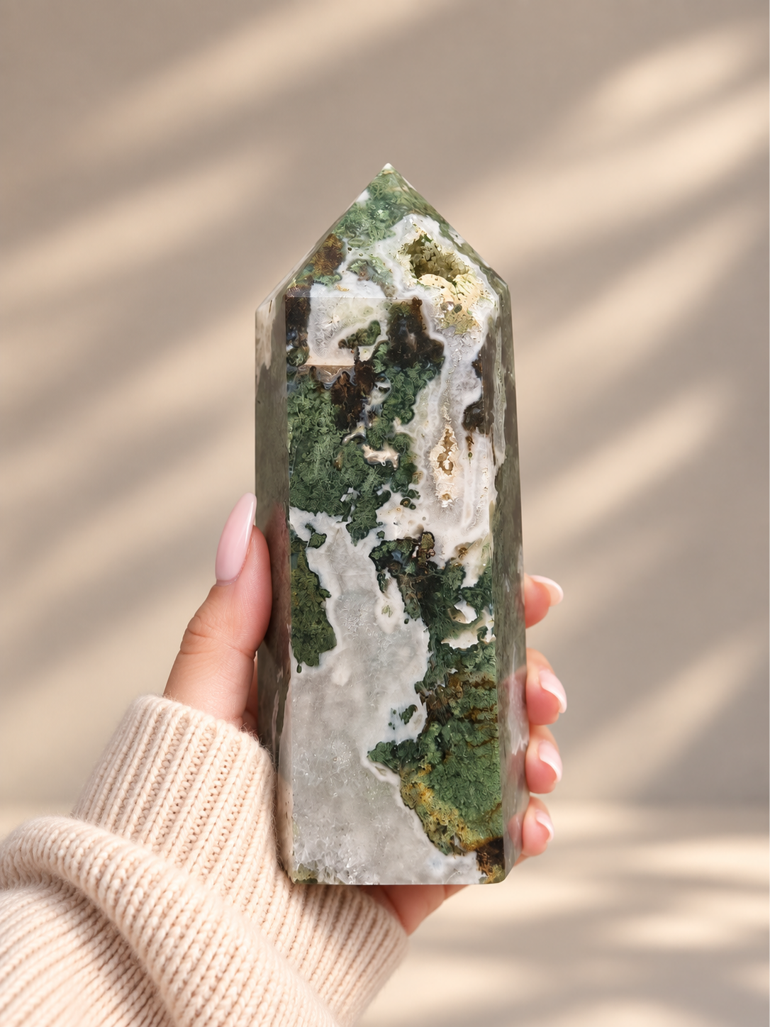 Moss Agate Tower with Geode Quartz Inclusion - 1.465kg