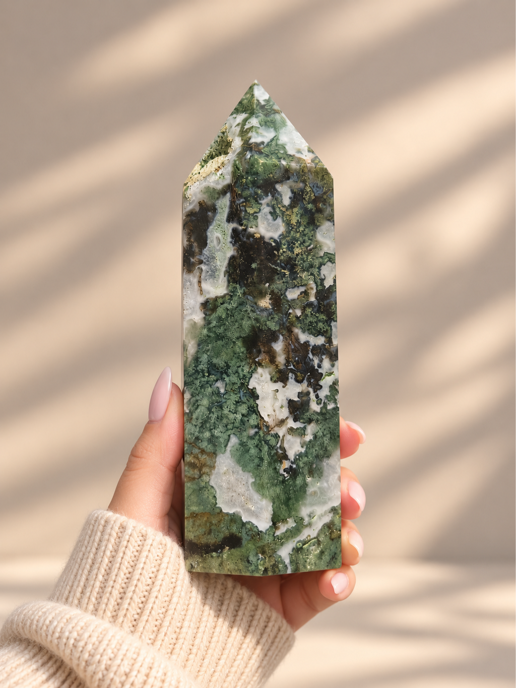 Moss Agate Tower with Geode Quartz Inclusion - 1.465kg