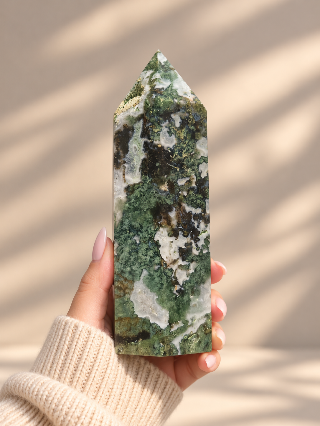 Moss Agate Tower with Geode Quartz Inclusion - 1.465kg
