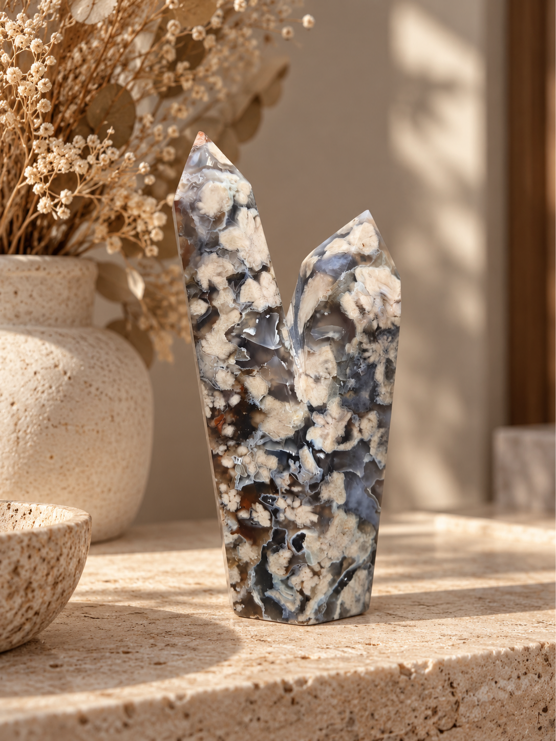 Black Flower Agate Twin Tower | Sakura Flower Agate | Blue Flower Agate - 1.158kg